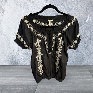 Joie White and Black Off-the-Shoulder Puff Sleeve Top